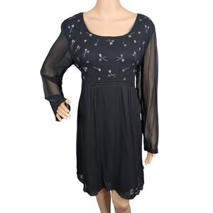 Vtg Karavan Black Floral Embroidered Babydoll Whimsigoth A-line Dress SZ L
